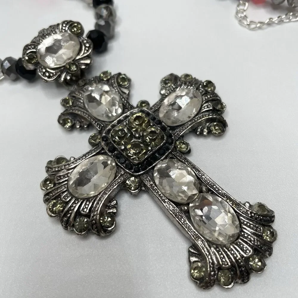 Artisan Gothic Cross Pendant Red Black White Glass Beaded Necklace Statement